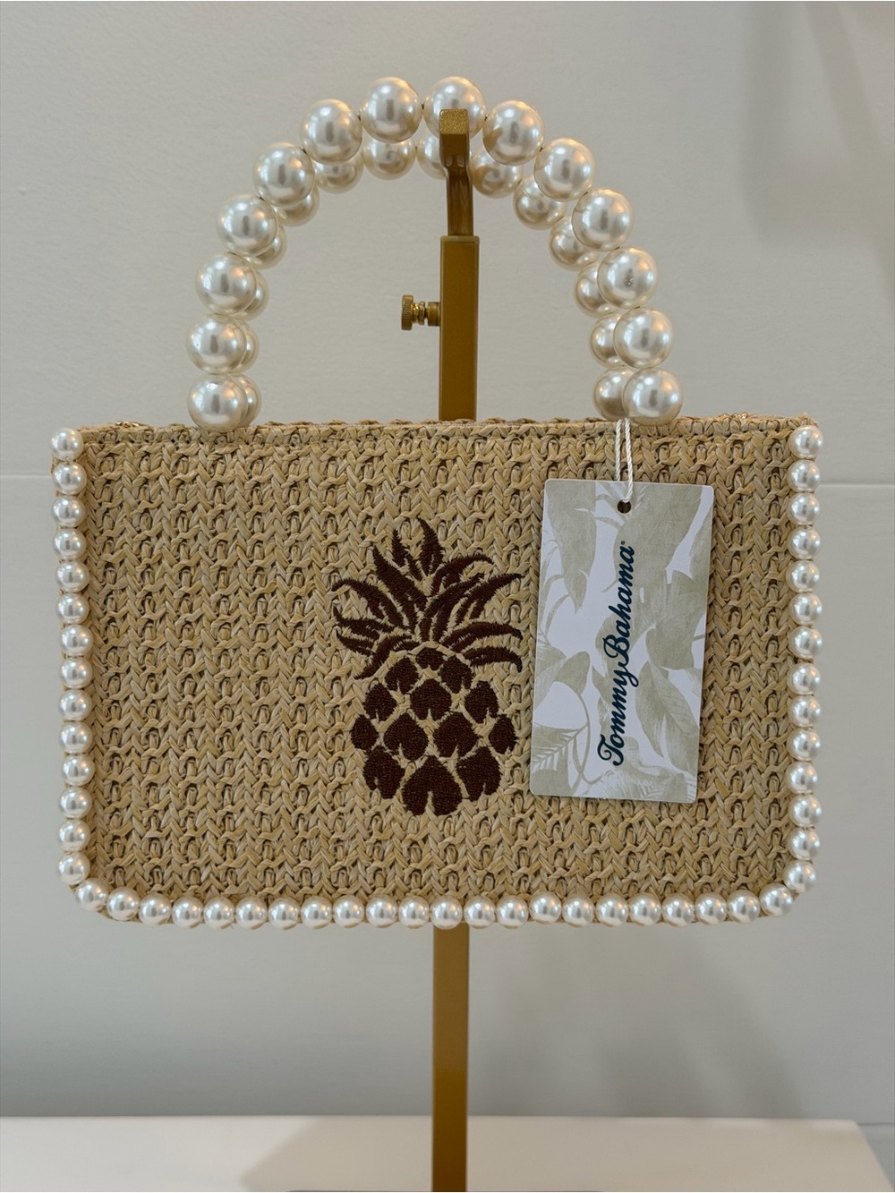 Tommy Bahama Natural Straw Tote with Pearl Handle and Brown Pineapple NEW w tags